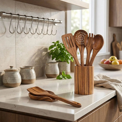 Ustensiles de cuisine en bois ensemble de 9 pièces | Teck Naturel