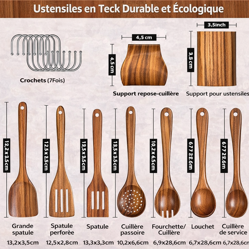 Ustensiles de cuisine en bois ensemble de 9 pièces | Teck Naturel